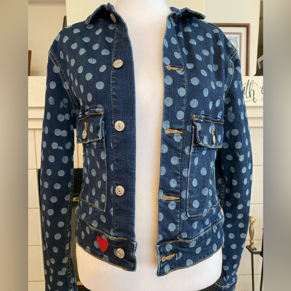 LulaRoe Kenny Denim Jacket Polka Dot, Hearts, Dark/Light Blue, Size Extra Small - Picture 13 of 13